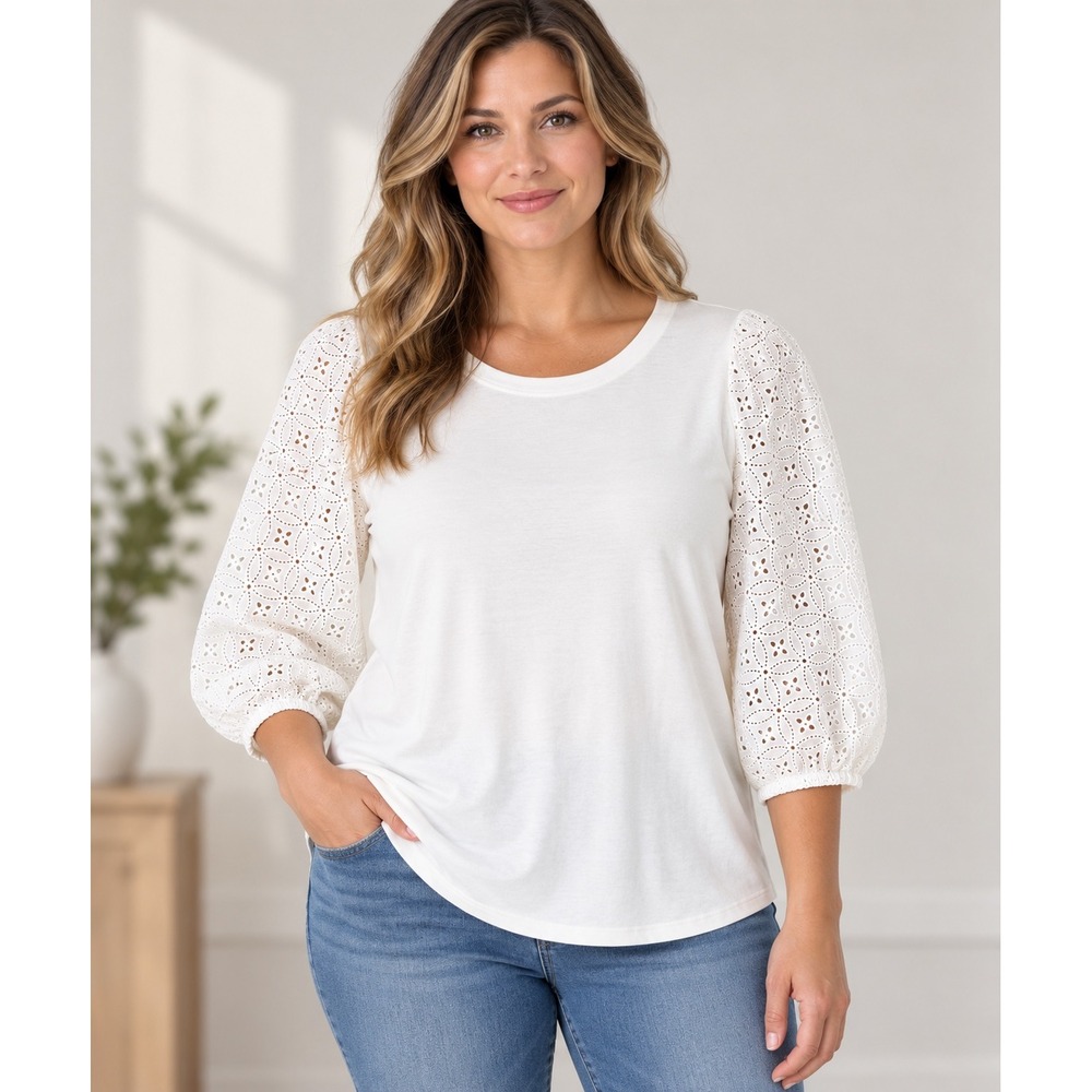 J. Jill White Eyelet Sleeve Knit Top Size Medium